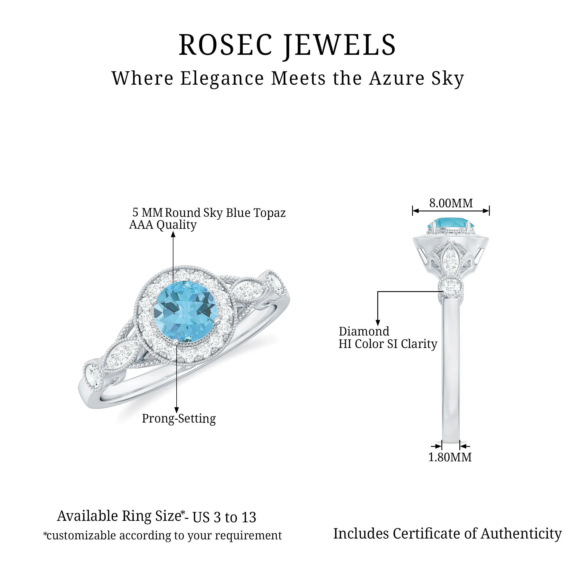 1 CT Antique Sky Blue Topaz and Diamond Engagement Ring with Milgrain Details