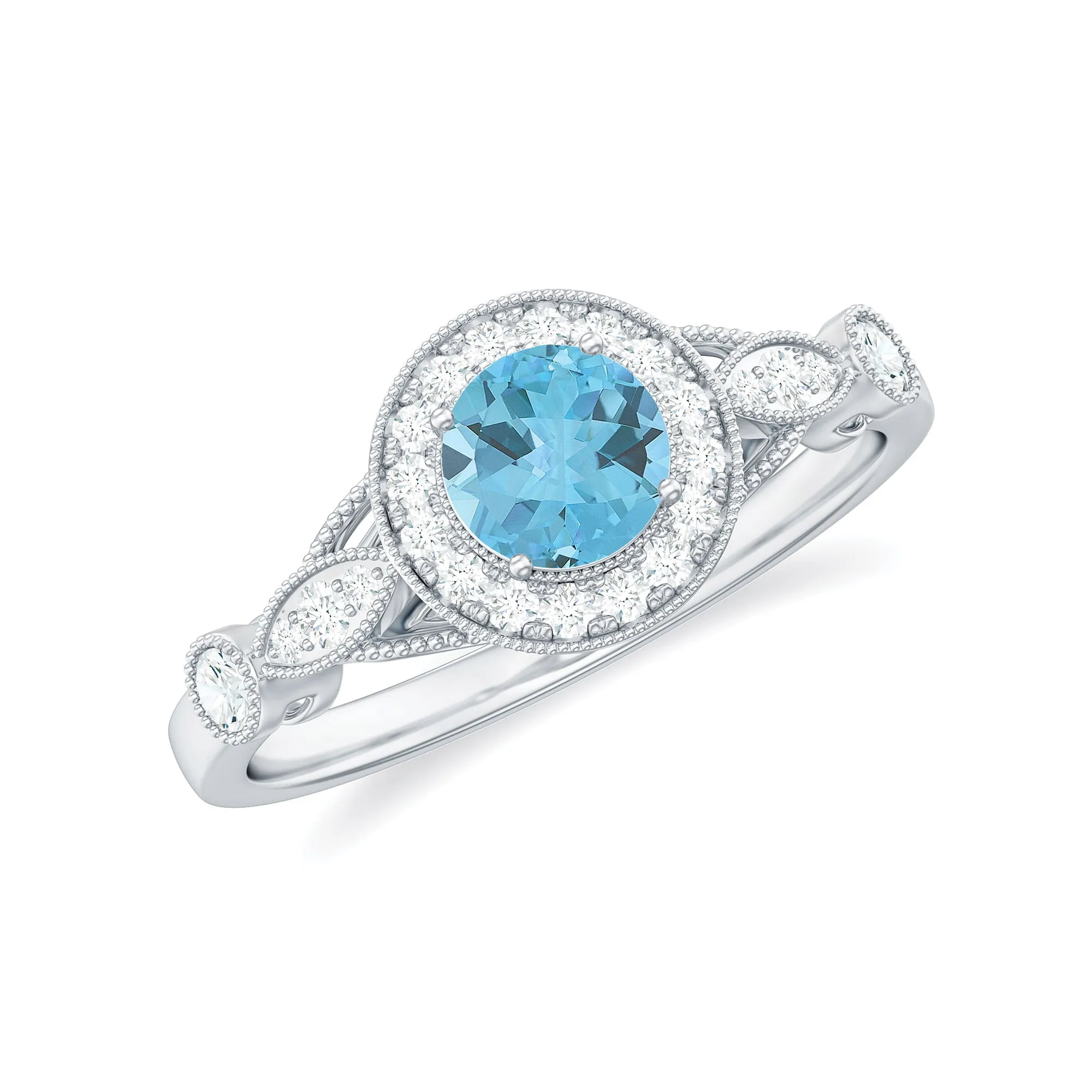 1 CT Antique Sky Blue Topaz and Diamond Engagement Ring with Milgrain Details