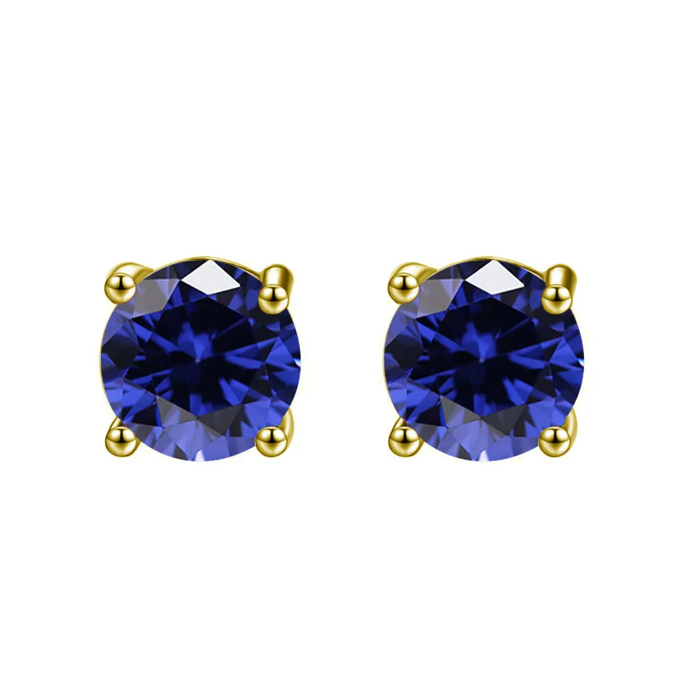 10k Yellow Gold Plated 1 Carat Round Created Blue Sapphire Stud Earrings