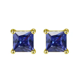 10k Yellow Gold Plated 1/2 Carat Square Created Blue Sapphire Stud Earrings