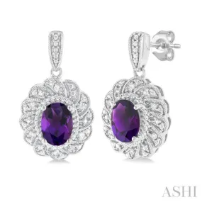 1/20 ctw Oval Cut 7X5MM Amethyst and Round Cut Diamond Semi Precious Earring in Sterling Silver