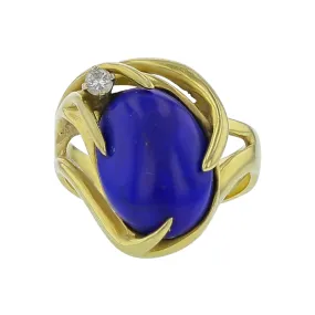 14K Gold Cabochon Lapis Lazuli and Diamond Ring