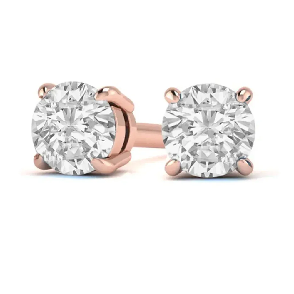 14k Rose Gold 1/2 Carat Created White Diamond Round Stud Earrings (SI1) 4 Prong Setting by Paris Jewelry