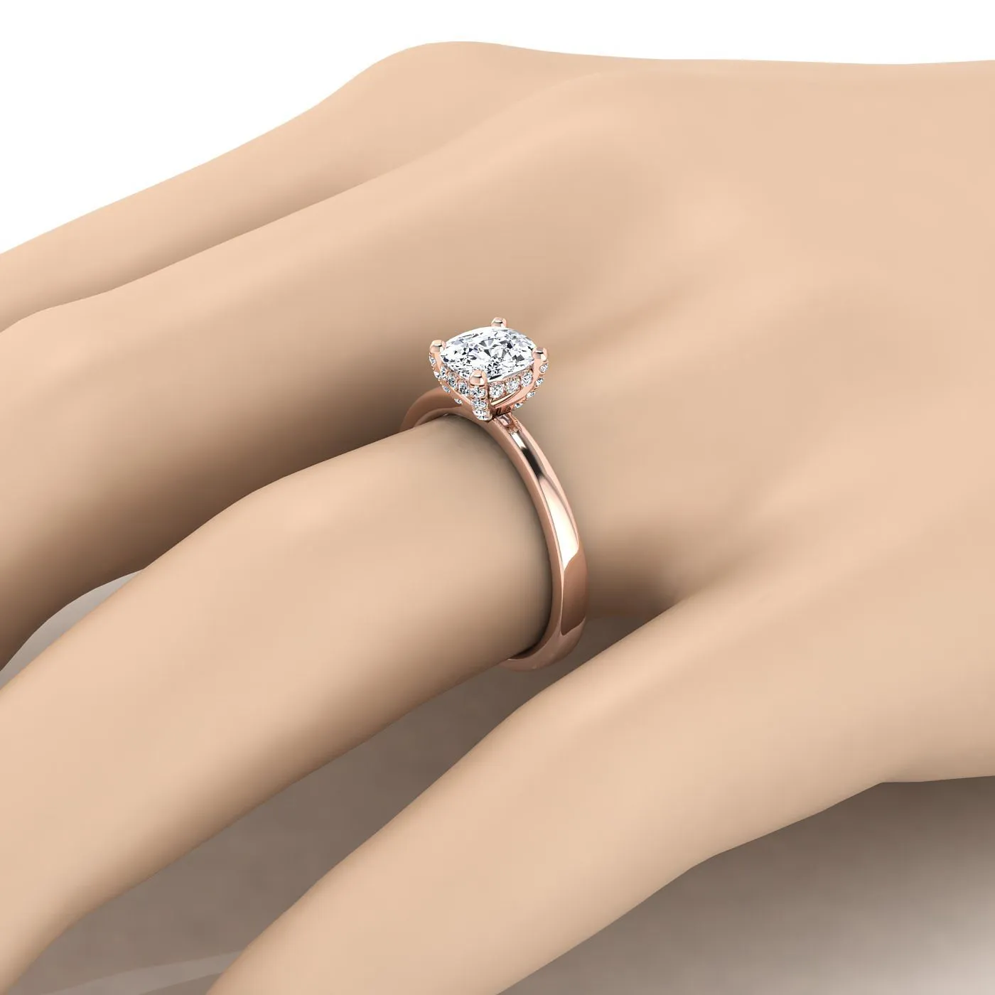 14K Rose Gold Cushion Diamond Adorned Claws and Secret Halo Solitaire Engagement Ring -1/10ctw