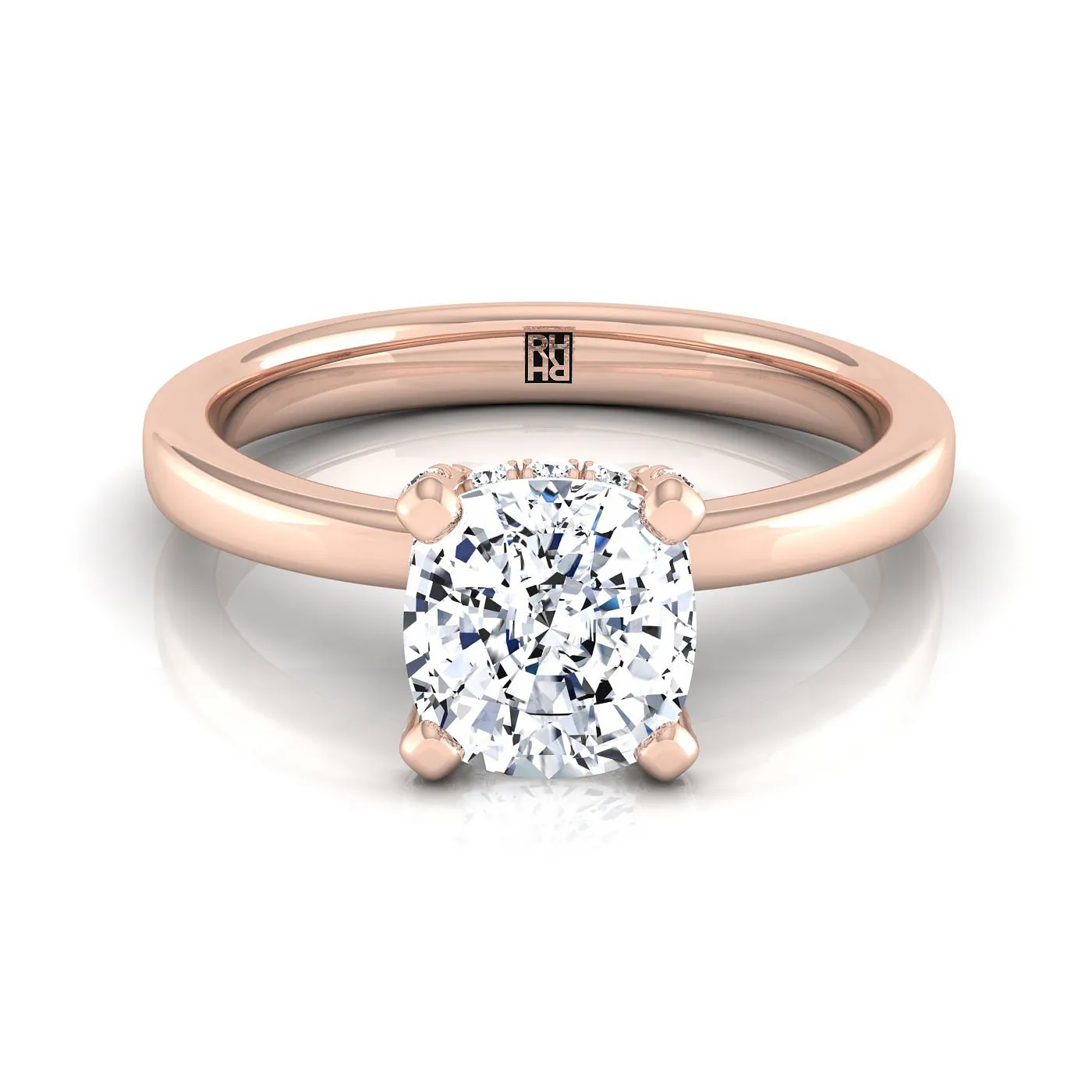 14K Rose Gold Cushion Diamond Adorned Claws and Secret Halo Solitaire Engagement Ring -1/10ctw