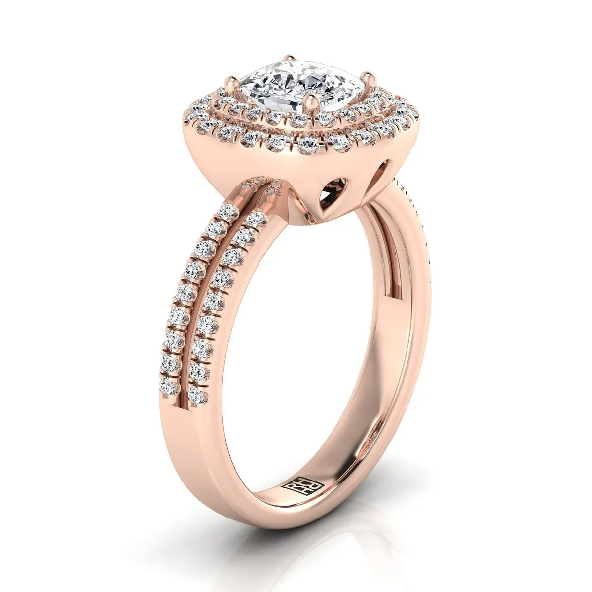 14K Rose Gold Cushion Linear Double Row Halo Diamond Engagement Ring -3/8ctw