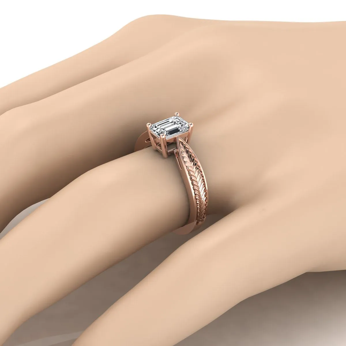 14K Rose Gold Emerald Cut Vintage Inspired Leaf Pattern Pinched Solitaire Engagement Ring