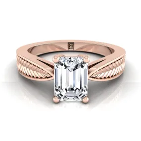 14K Rose Gold Emerald Cut Vintage Inspired Leaf Pattern Pinched Solitaire Engagement Ring