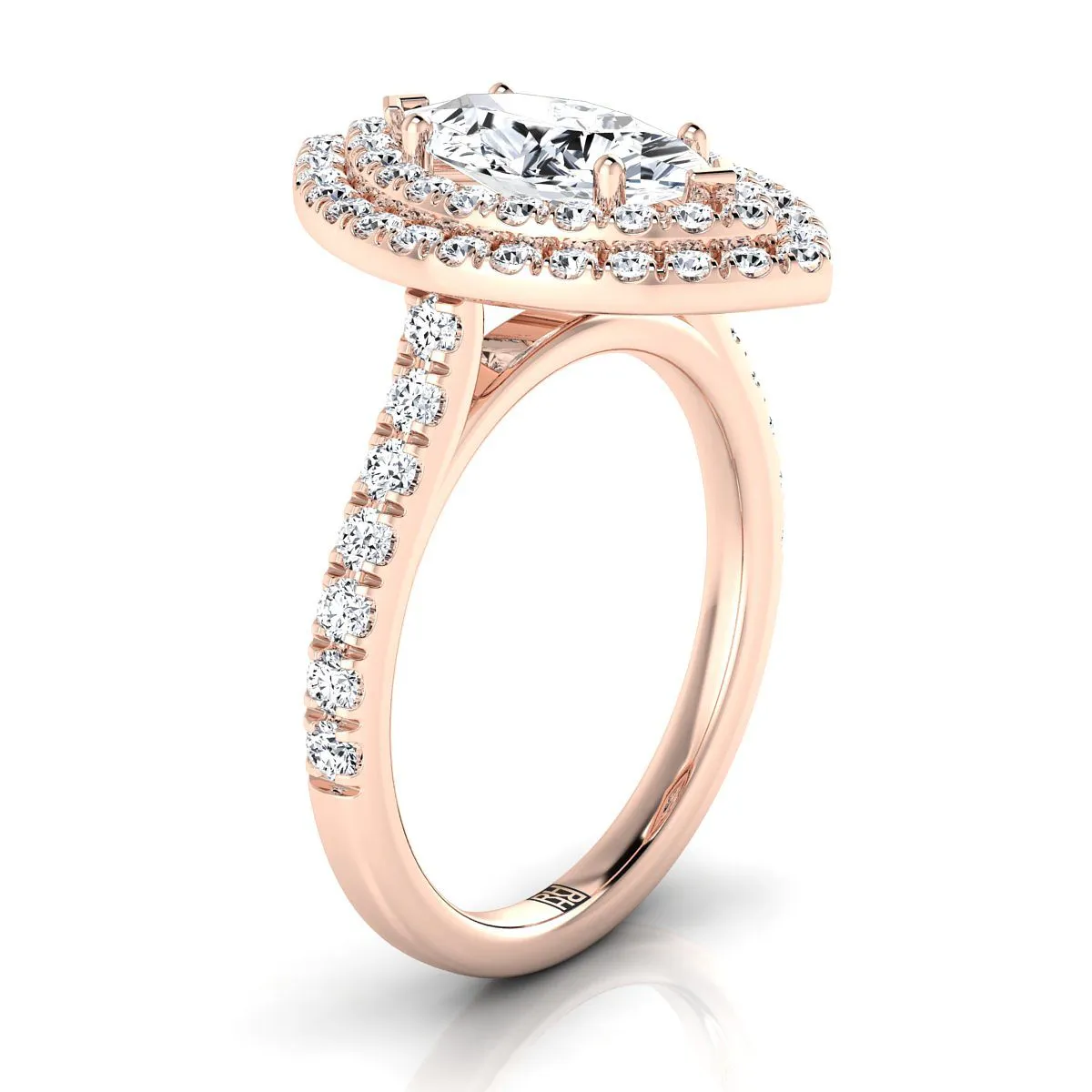 14K Rose Gold Marquise  Double Pave Halo with Linear Diamond Engagement Ring -7/8ctw