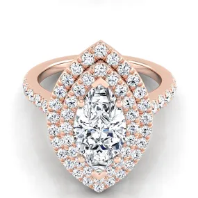 14K Rose Gold Marquise  Double Pave Halo with Linear Diamond Engagement Ring -7/8ctw