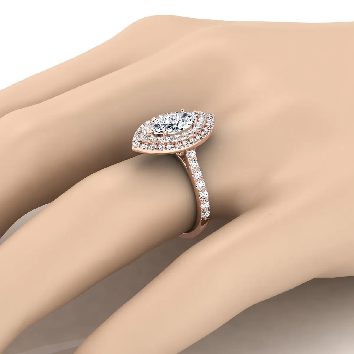 14K Rose Gold Marquise  Double Pave Halo with Linear Diamond Engagement Ring -7/8ctw