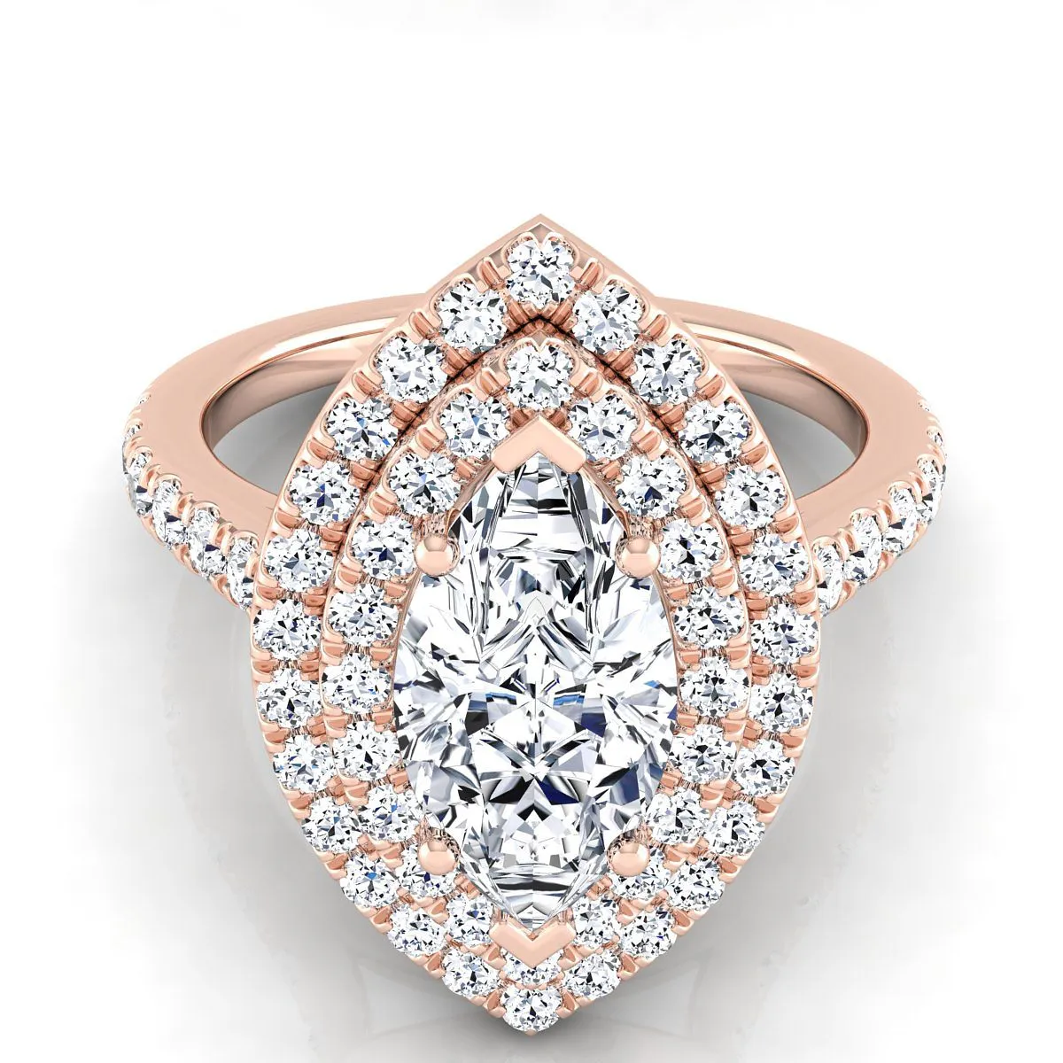 14K Rose Gold Marquise  Double Pave Halo with Linear Diamond Engagement Ring -7/8ctw