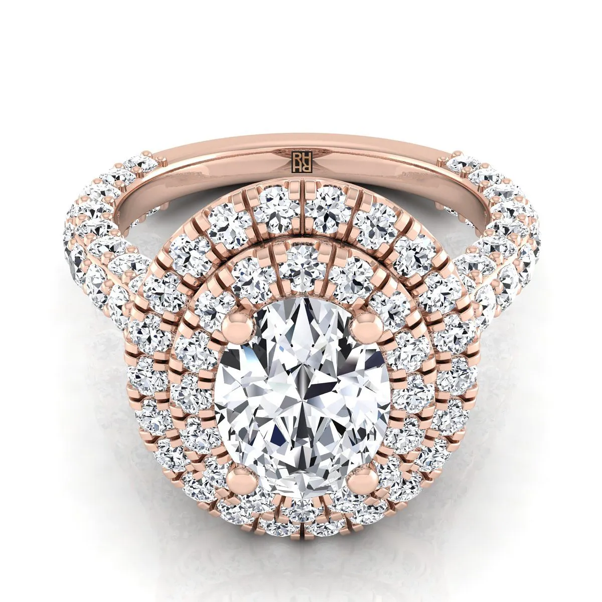 14K Rose Gold Oval Diamond Bold and Fancy Double Halo French Pave Engagement Ring -2ctw