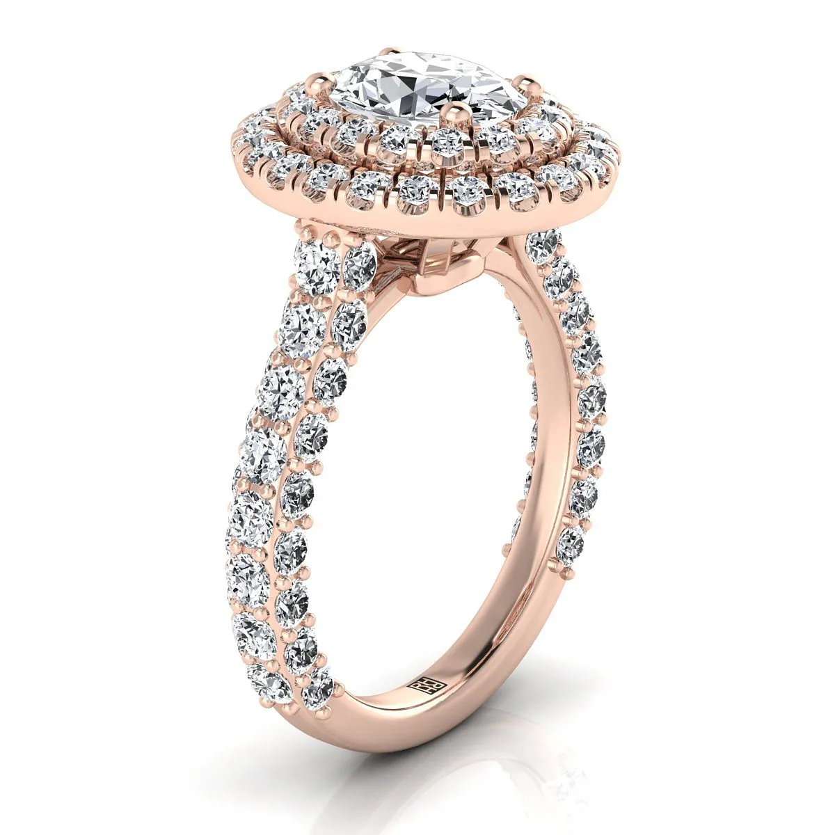 14K Rose Gold Oval Diamond Bold and Fancy Double Halo French Pave Engagement Ring -2ctw