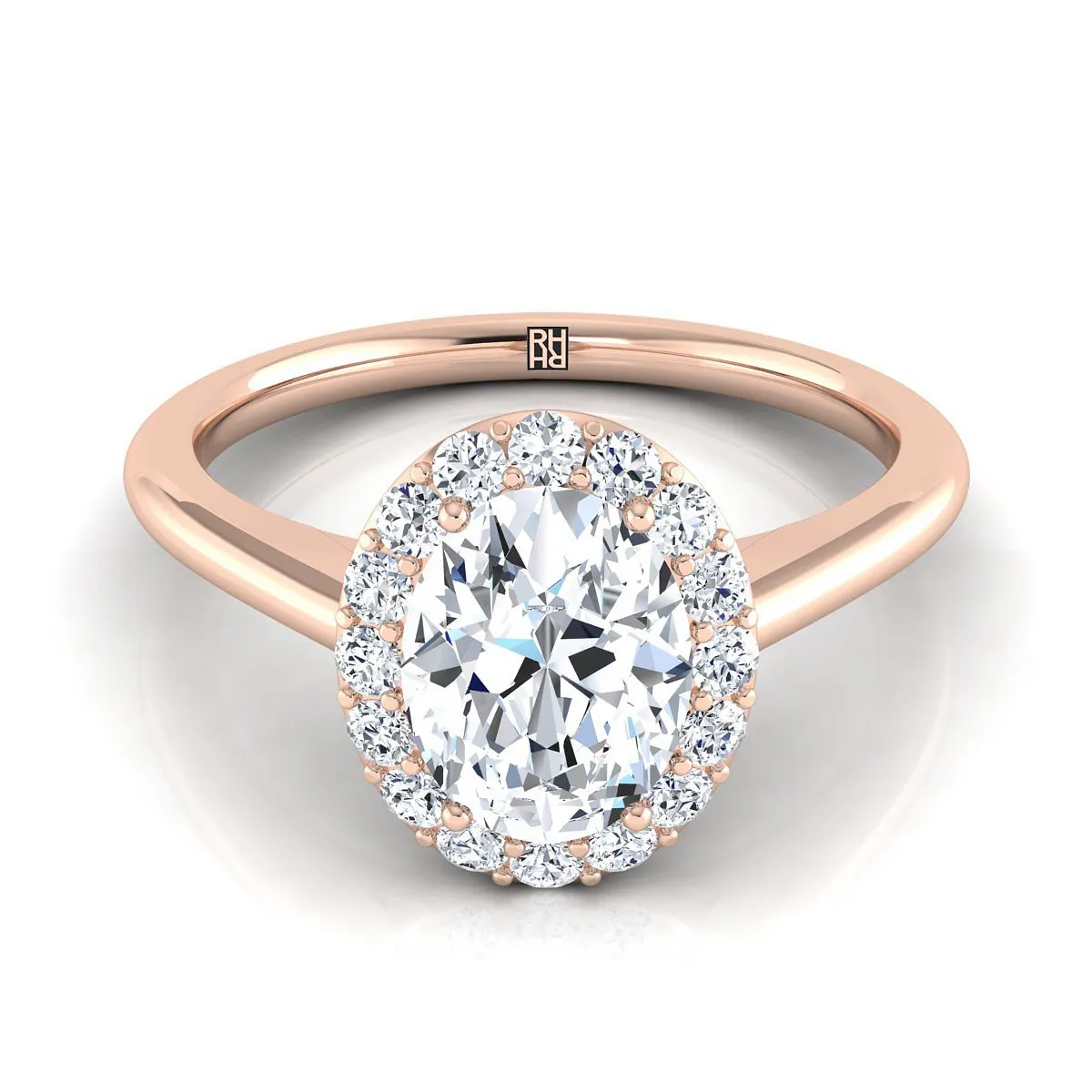 14K Rose Gold Oval Diamond Shared Prong Halo Engagement Ring -1/5ctw