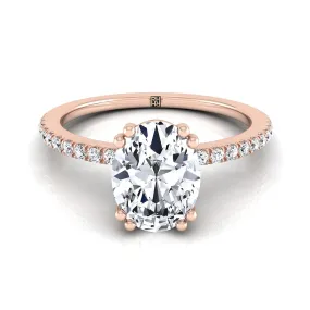 14K Rose Gold Oval Diamond Simple French Pave Double Claw Prong Engagement Ring -1/6ctw