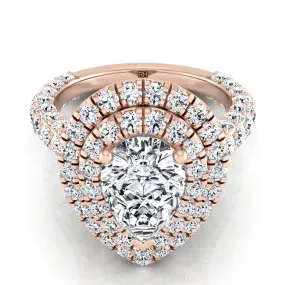 14K Rose Gold Pear Shape Center Diamond Bold and Fancy Double Halo French Pave Engagement Ring -2ctw