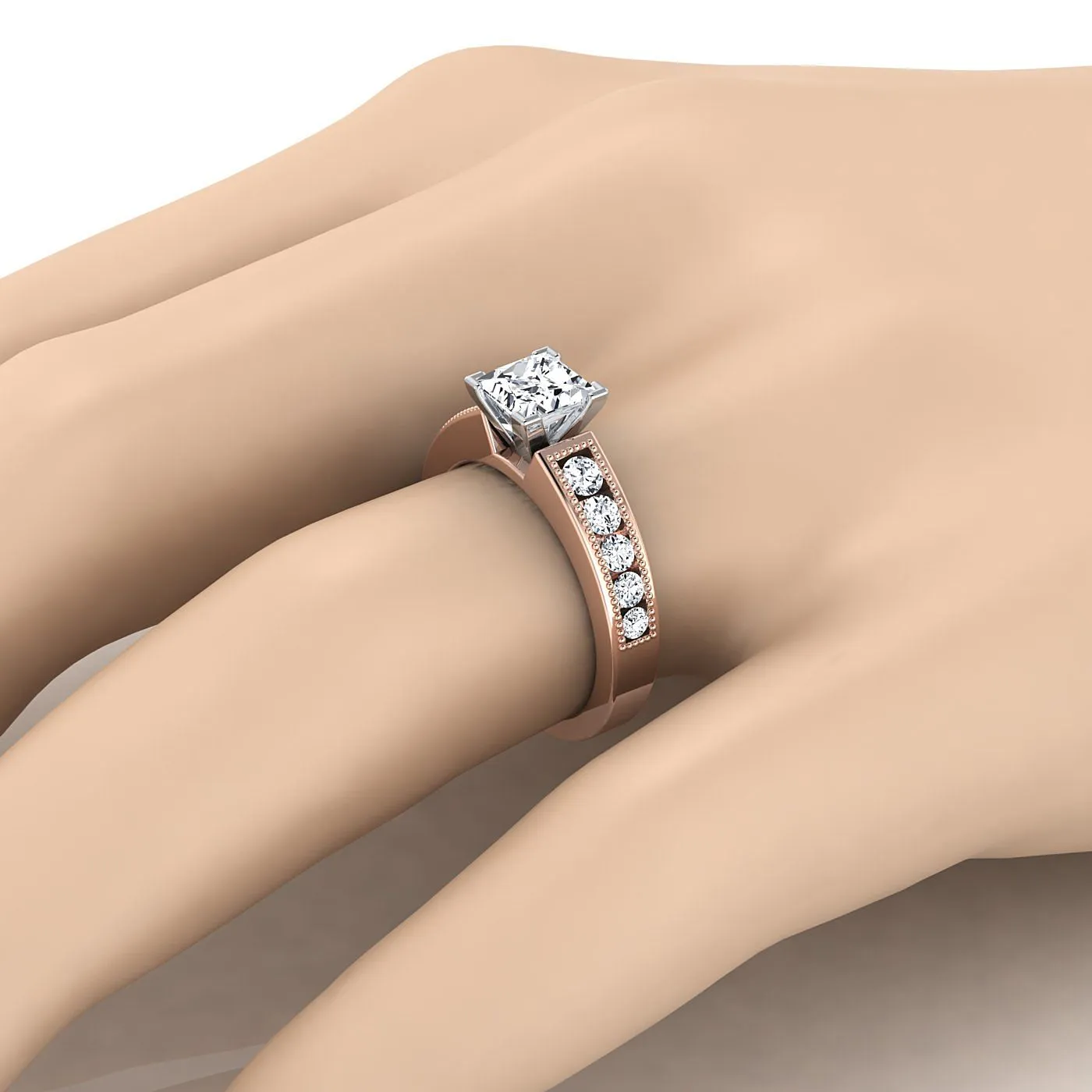 14K Rose Gold Princess Cut Diamond Antique Milgrain Bead and Channel Set Engagement Ring -1/2ctw