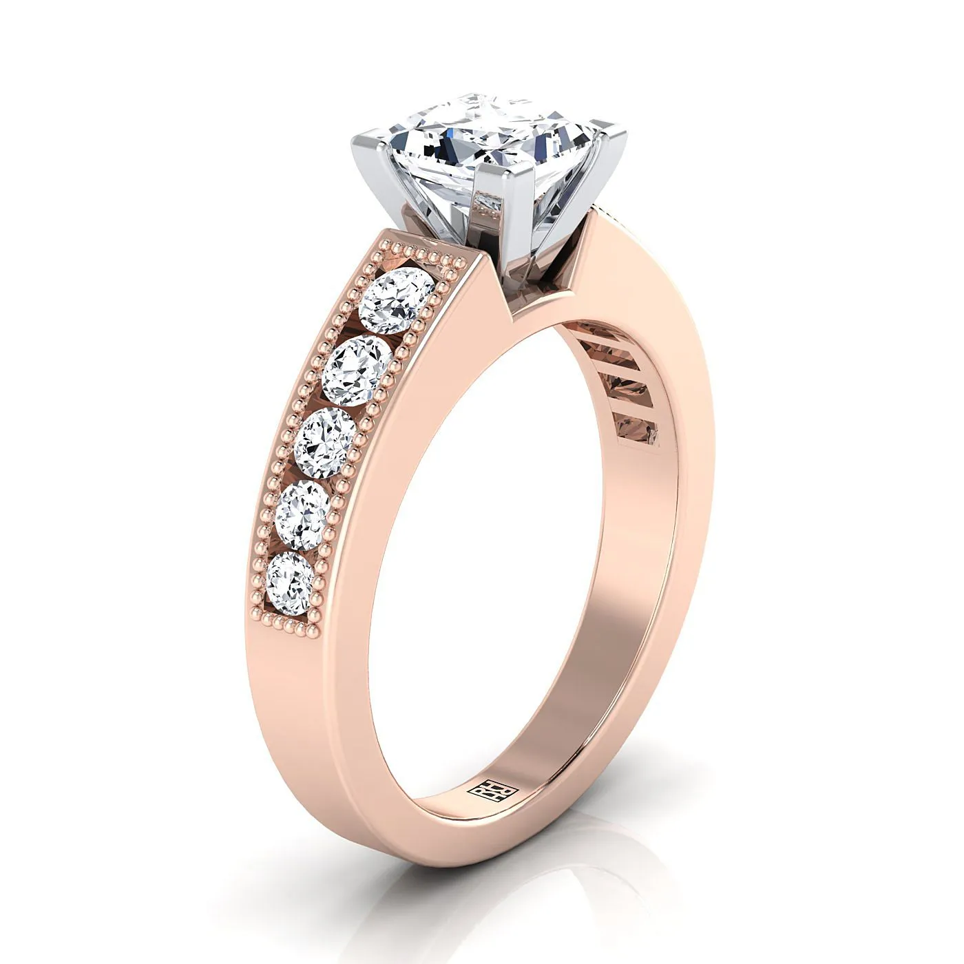 14K Rose Gold Princess Cut Diamond Antique Milgrain Bead and Channel Set Engagement Ring -1/2ctw