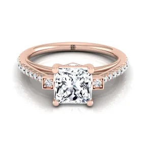 14K Rose Gold Princess Cut Diamond Delicate Three Stone Pave Engagement Ring -1/3ctw