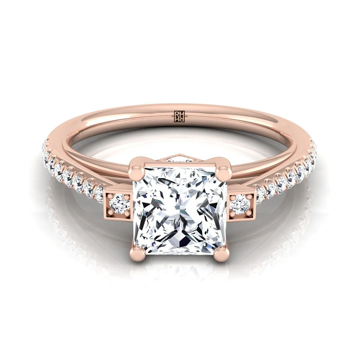 14K Rose Gold Princess Cut Diamond Delicate Three Stone Pave Engagement Ring -1/3ctw