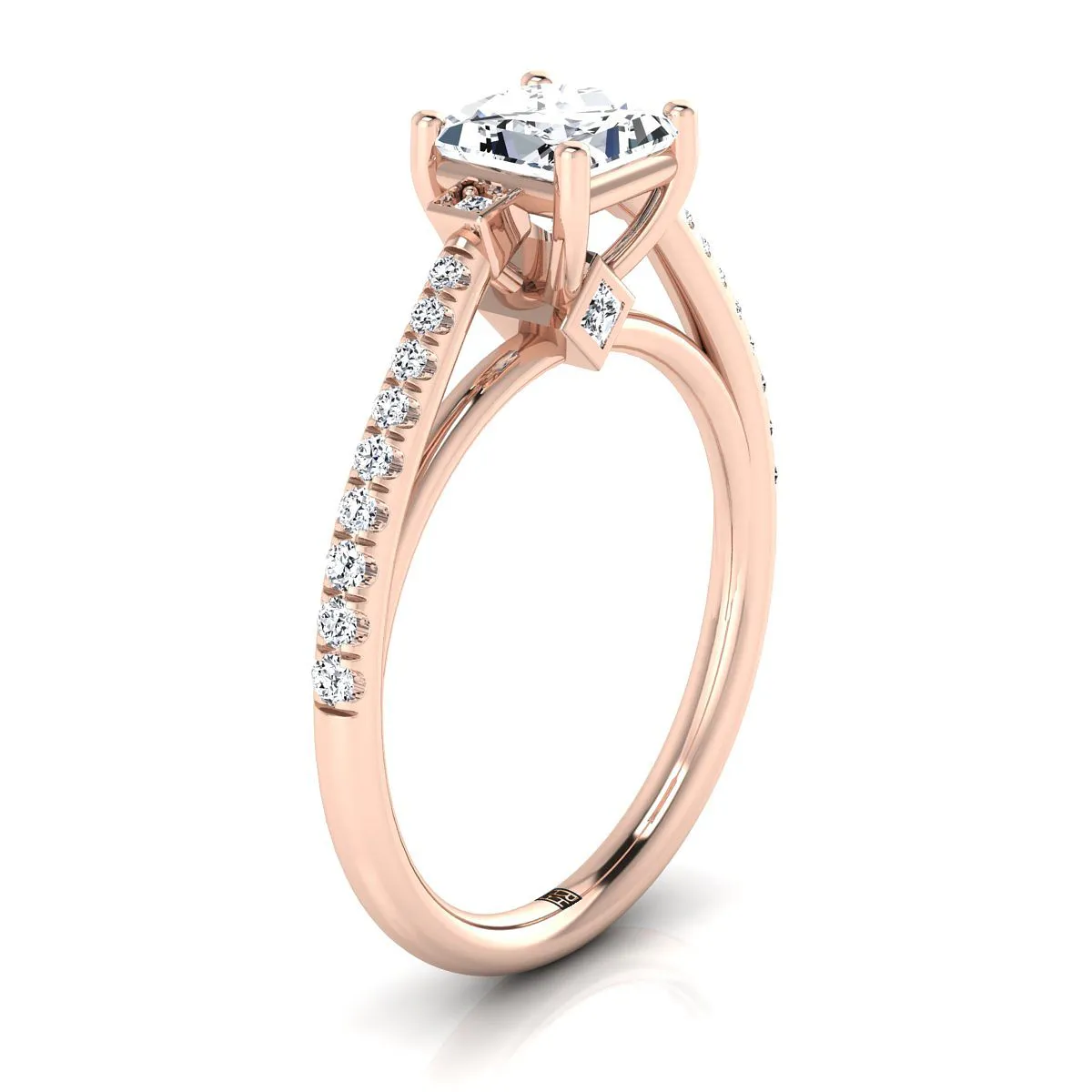 14K Rose Gold Princess Cut Diamond Delicate Three Stone Pave Engagement Ring -1/3ctw