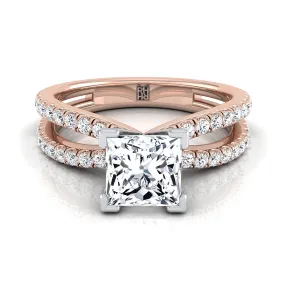 14K Rose Gold Princess Cut Diamond Two Row Pavé Split Shank Engagement Ring -1/3ctw