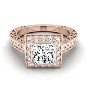 14K Rose Gold Princess Cut Hand-Engraved Delicate Diamond Milgrain Engagement Ring -1/2ctw