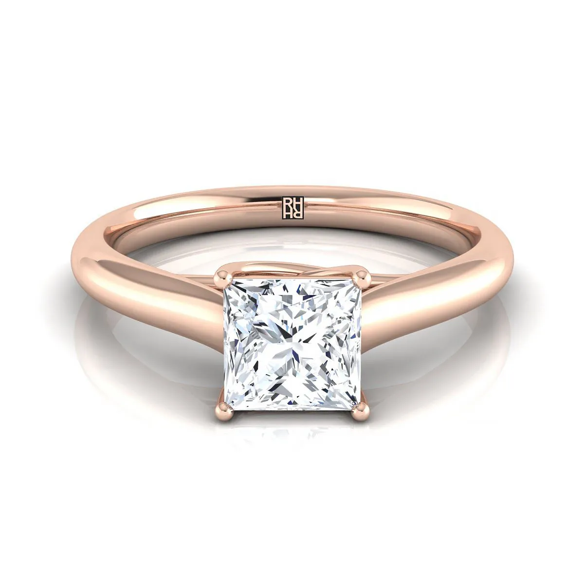 14K Rose Gold Princess Cut Rounded Classic Comfort Fit Solitaire Ring