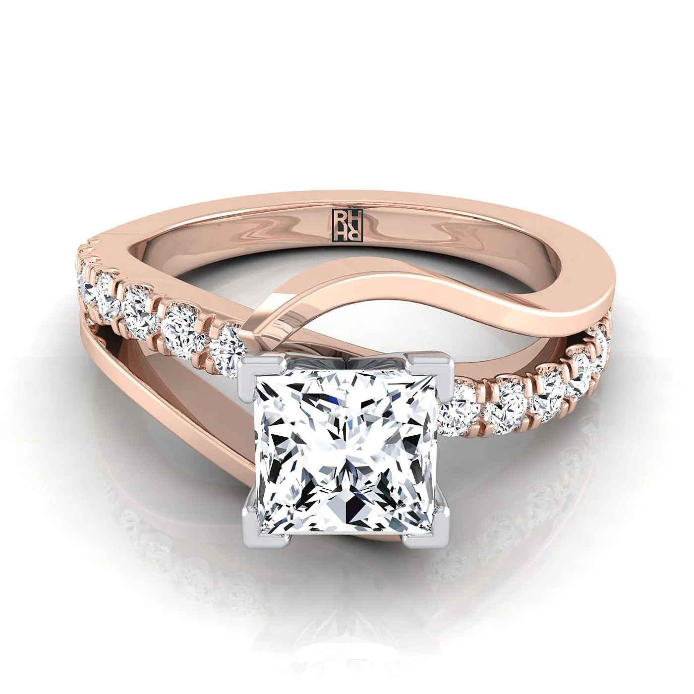 14K Rose Gold Princess Cut Unique Bypass Diamond Pave Swirl Engagement Ring -3/8ctw