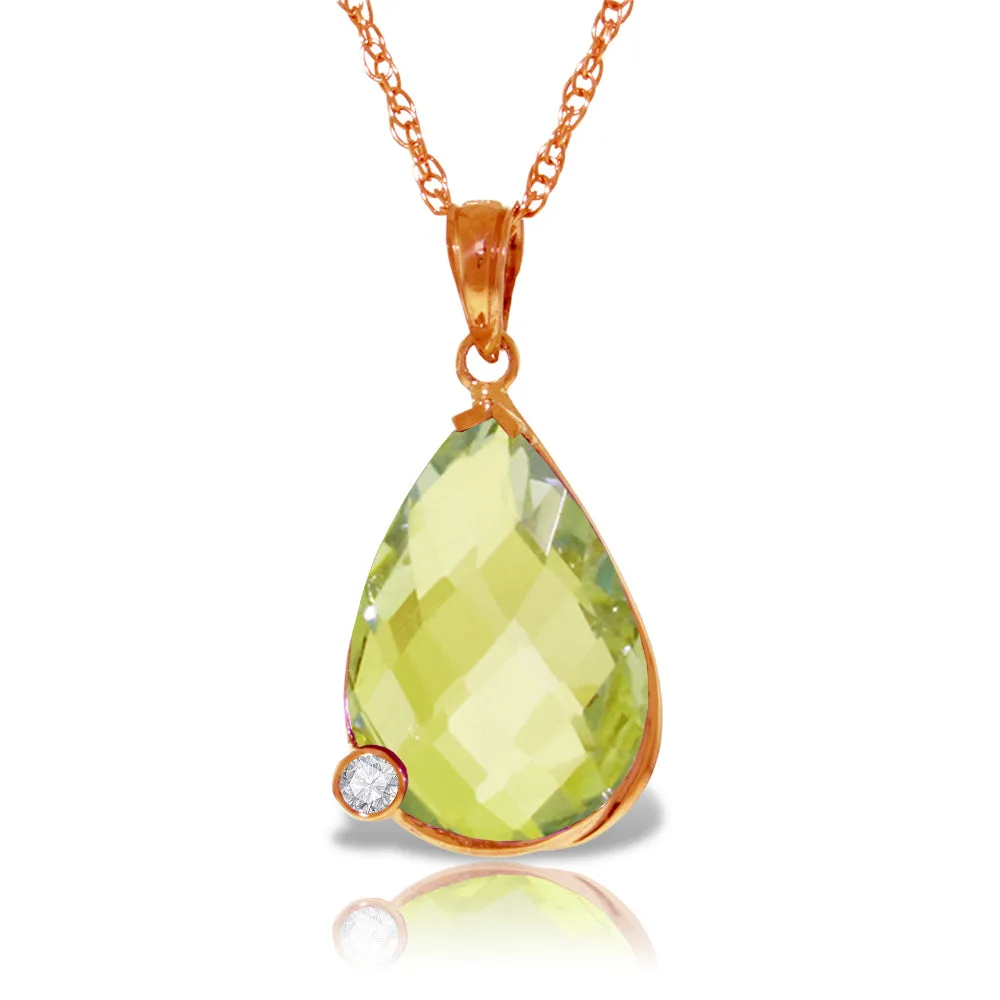 14K Solid Rose Gold Necklace w/ Briolette Checkerboard Cut Lemon Quartz & Diamond