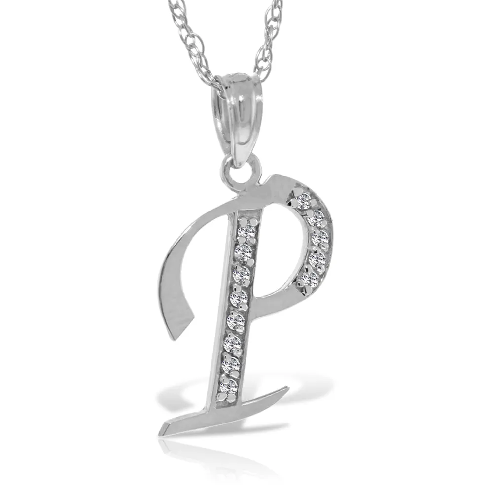 14K Solid White Gold Necklace w/ Natural Diamonds Initial 'p' Pendant