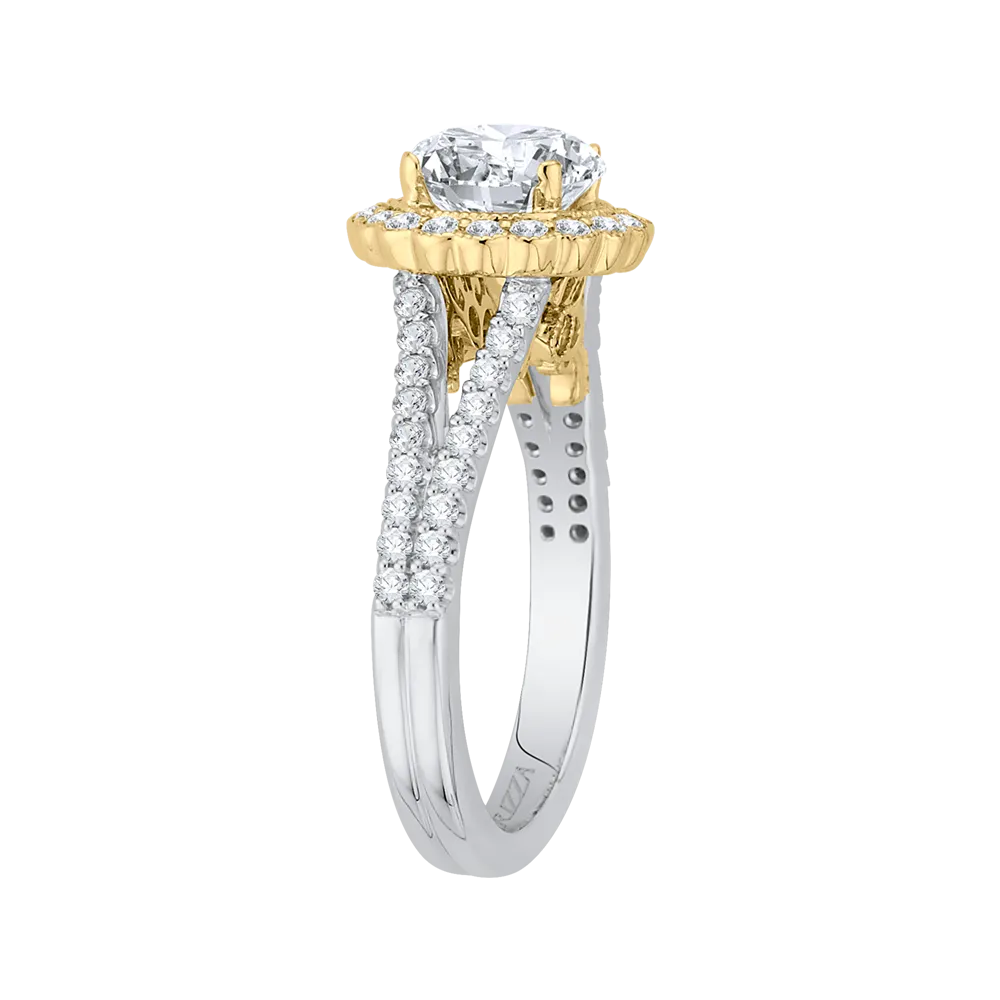 14K Two Tone Gold Round Diamond Halo Engagement Ring with Split Shank (Semi Mount)