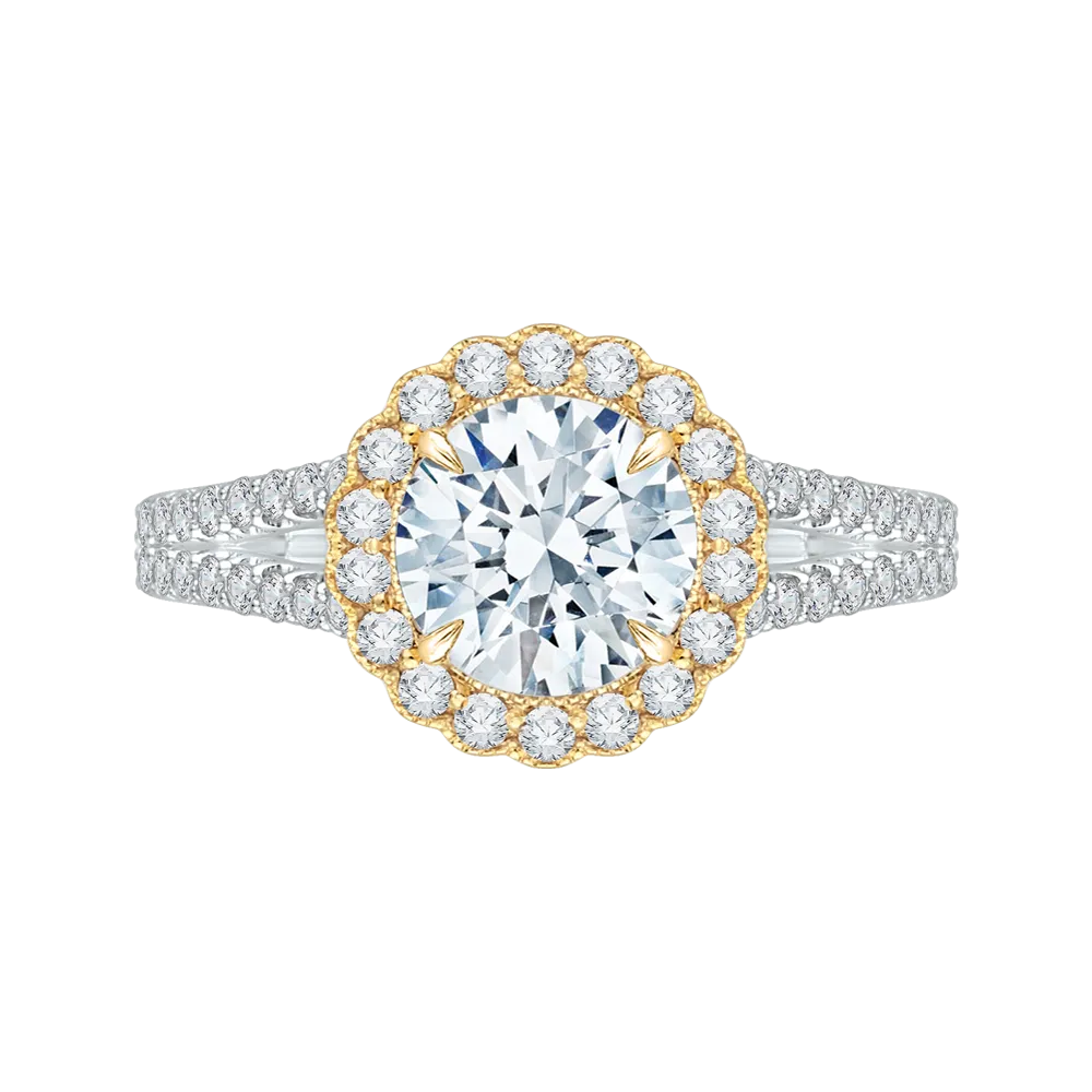 14K Two Tone Gold Round Diamond Halo Engagement Ring with Split Shank (Semi Mount)