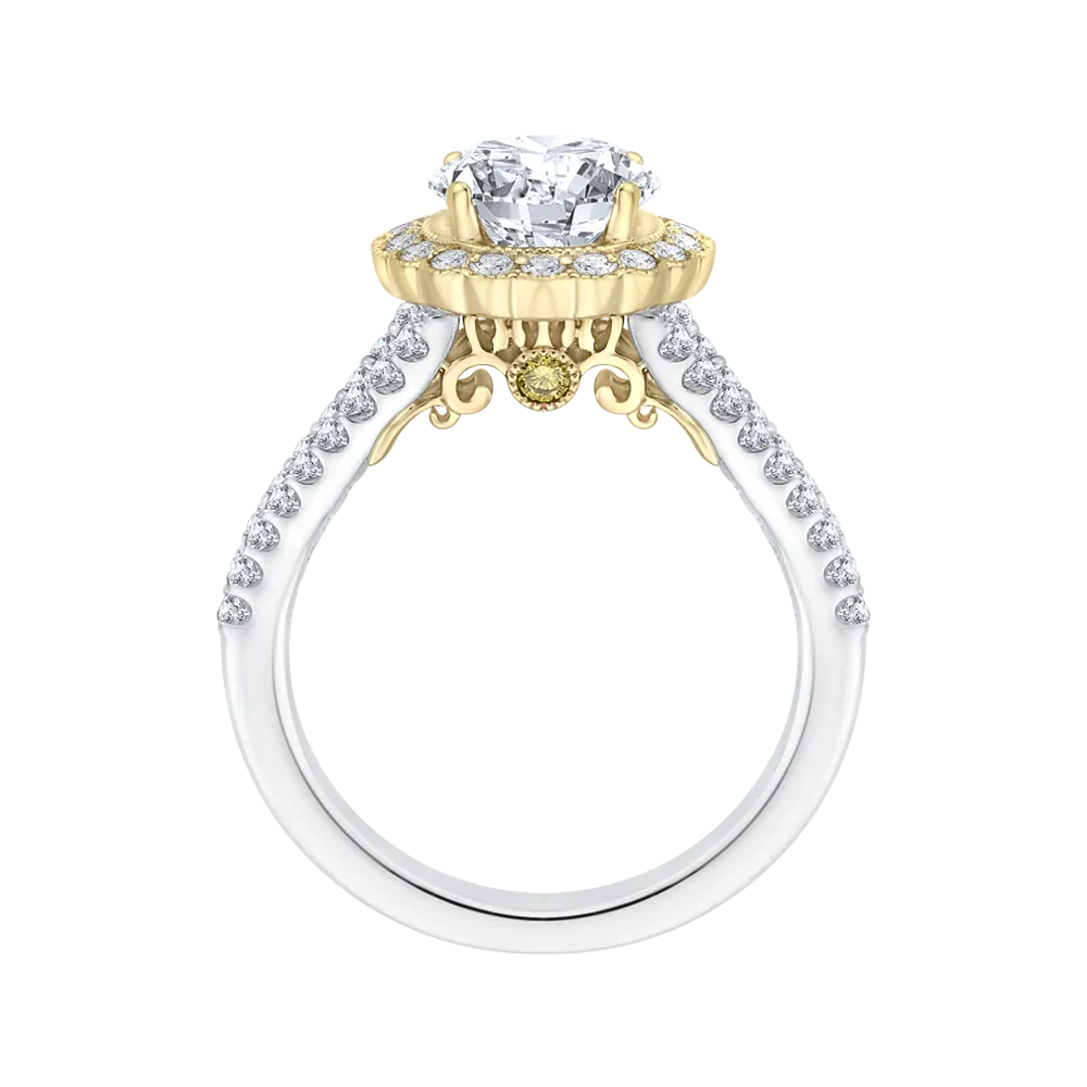 14K Two Tone Gold Round Diamond Halo Engagement Ring with Split Shank (Semi Mount)