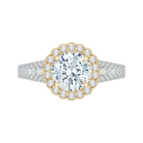 14K Two Tone Gold Round Diamond Halo Engagement Ring with Split Shank (Semi Mount)