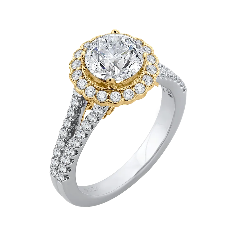 14K Two Tone Gold Round Diamond Halo Engagement Ring with Split Shank (Semi Mount)