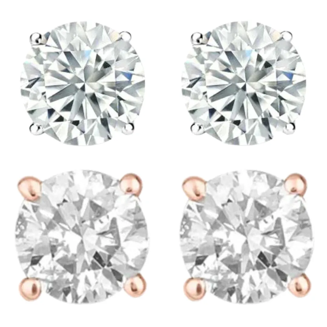 14k White And Rose Gold 1/4 Carat Solitaire Created Diamond 2 Pair Round Stud Earrings