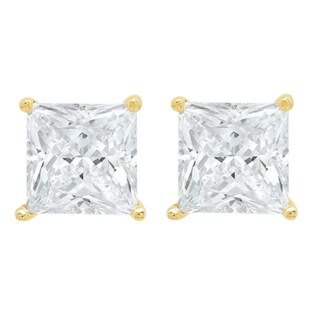 14k White and Yellow Gold 1/4 Carat Solitaire Created Diamond 2 Pair Round and Princess Stud Earrings