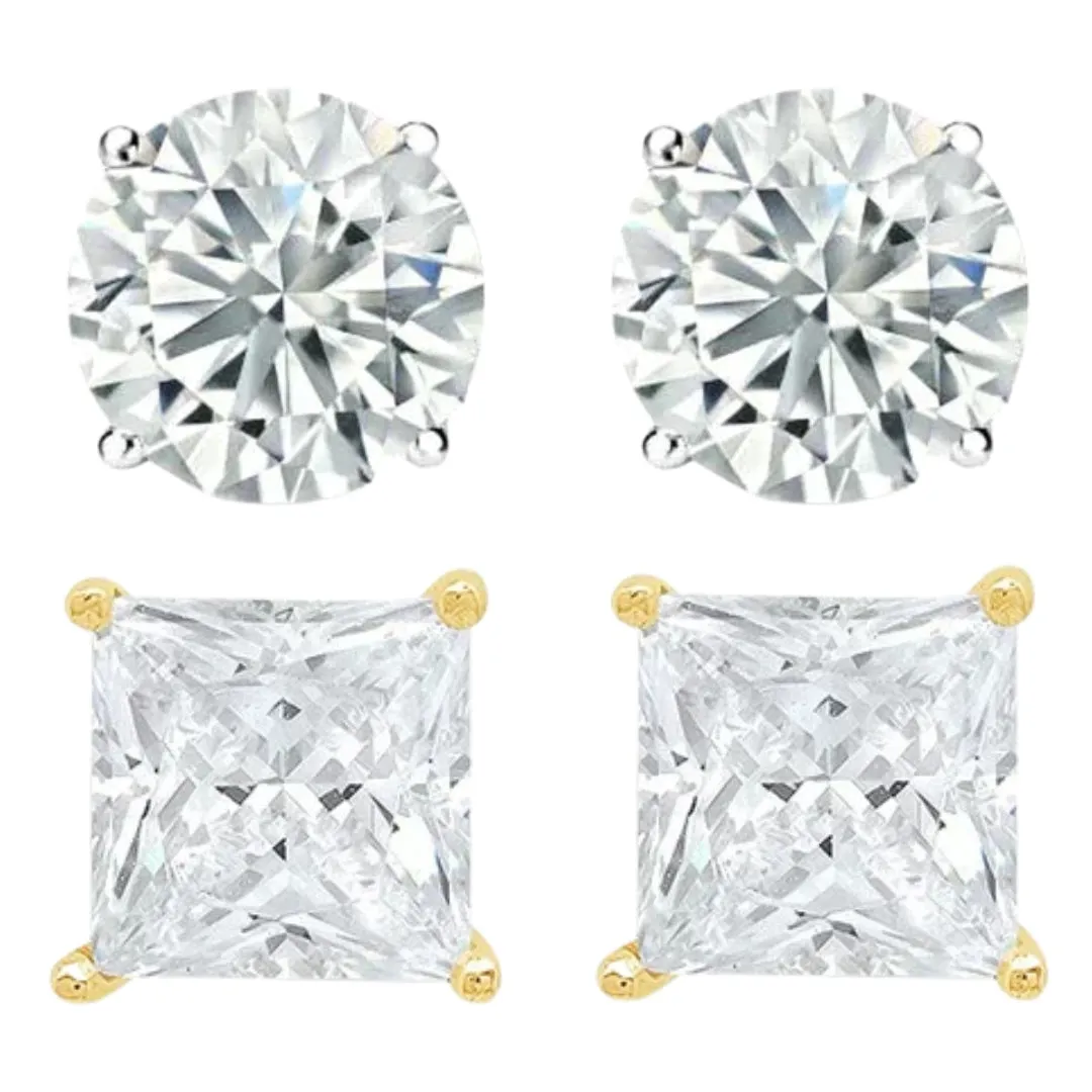 14k White and Yellow Gold 1/4 Carat Solitaire Created Diamond 2 Pair Round and Princess Stud Earrings