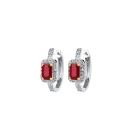 14K White and Yellow Gold Ruby with Diamond Halo Hoop Earrings