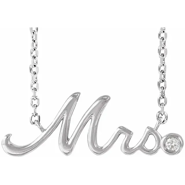 14K White Gold .015 CT Natural Diamond "Mrs" 16-18" Necklace