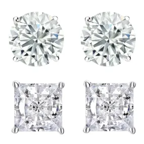 14k White Gold 1/2 Carat Solitaire Created Diamond 2 Pair Round and Princess Stud Earrings