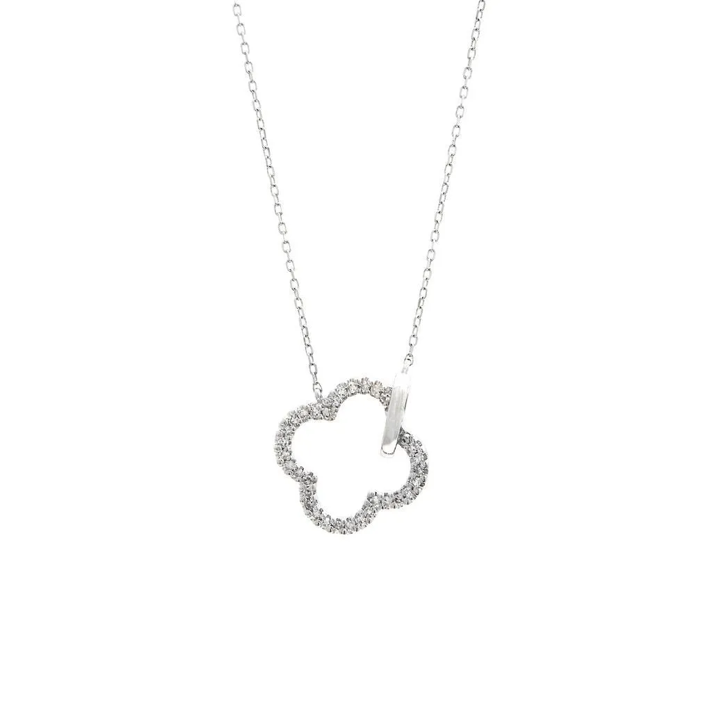 14K White Gold Clover Single Micro Pave Diamond Necklace