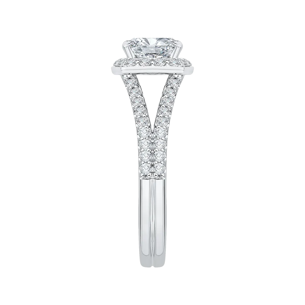 14K White Gold Cushion Cut Diamond Halo Engagement Ring with Split Shank (Semi Mount)