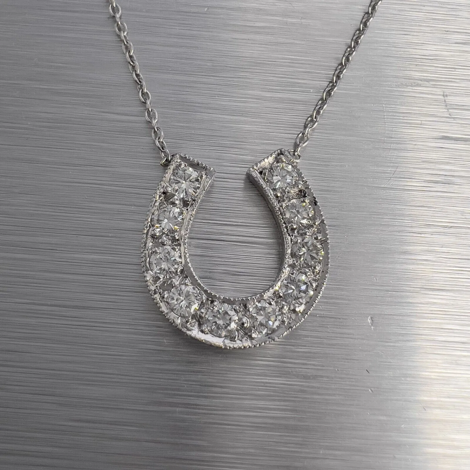 14k White Gold Diamond 10 Stone Horseshoe Pendant Necklace 15.5" 0.70ctw