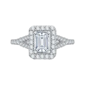 14K White Gold Emerald Cut Diamond Halo Engagement Ring with Split Shank (Semi Mount)