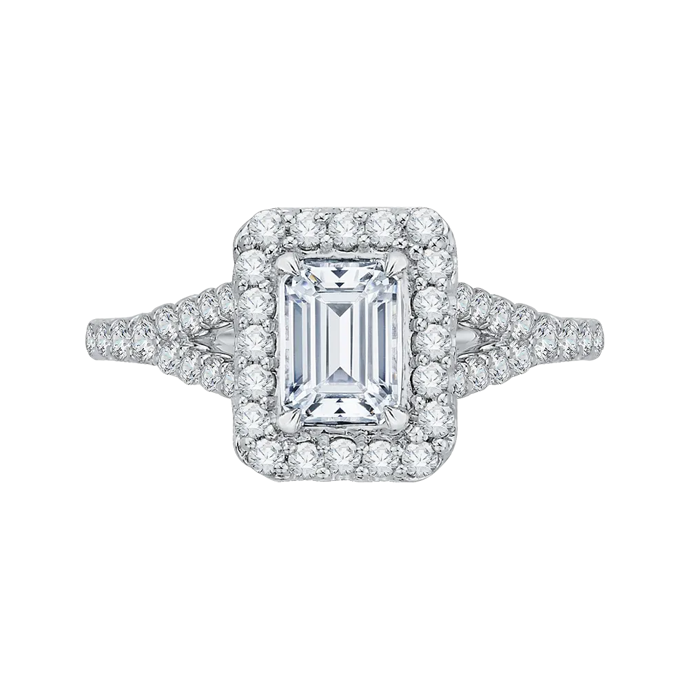 14K White Gold Emerald Cut Diamond Halo Engagement Ring with Split Shank (Semi Mount)