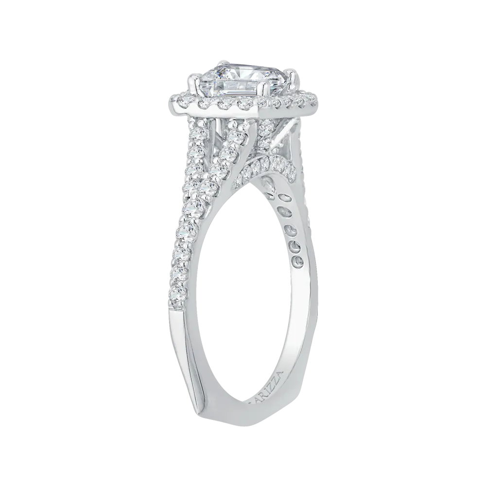 14K White Gold Emerald Cut Diamond Halo Engagement Ring with Split Shank (Semi Mount)