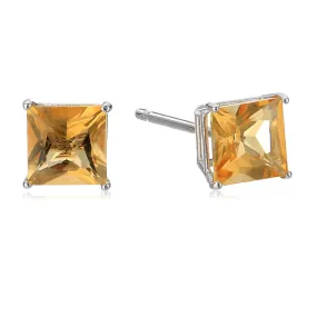 14k White Gold Plated 2 Carat Princess Cut Created Citrine Sapphire Stud Earrings